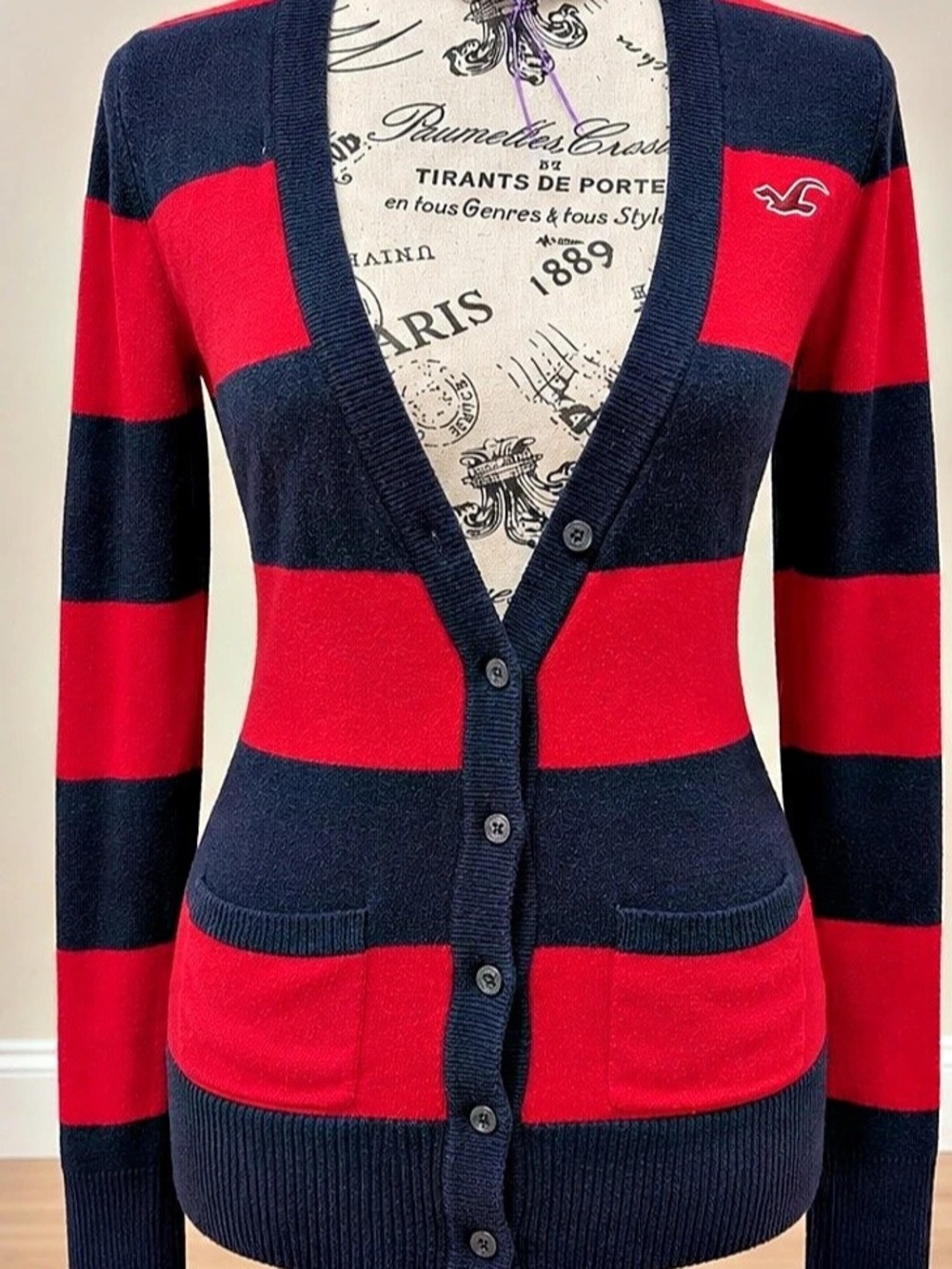 Hollister Striped Cardigan in Red & Blue Size Small
